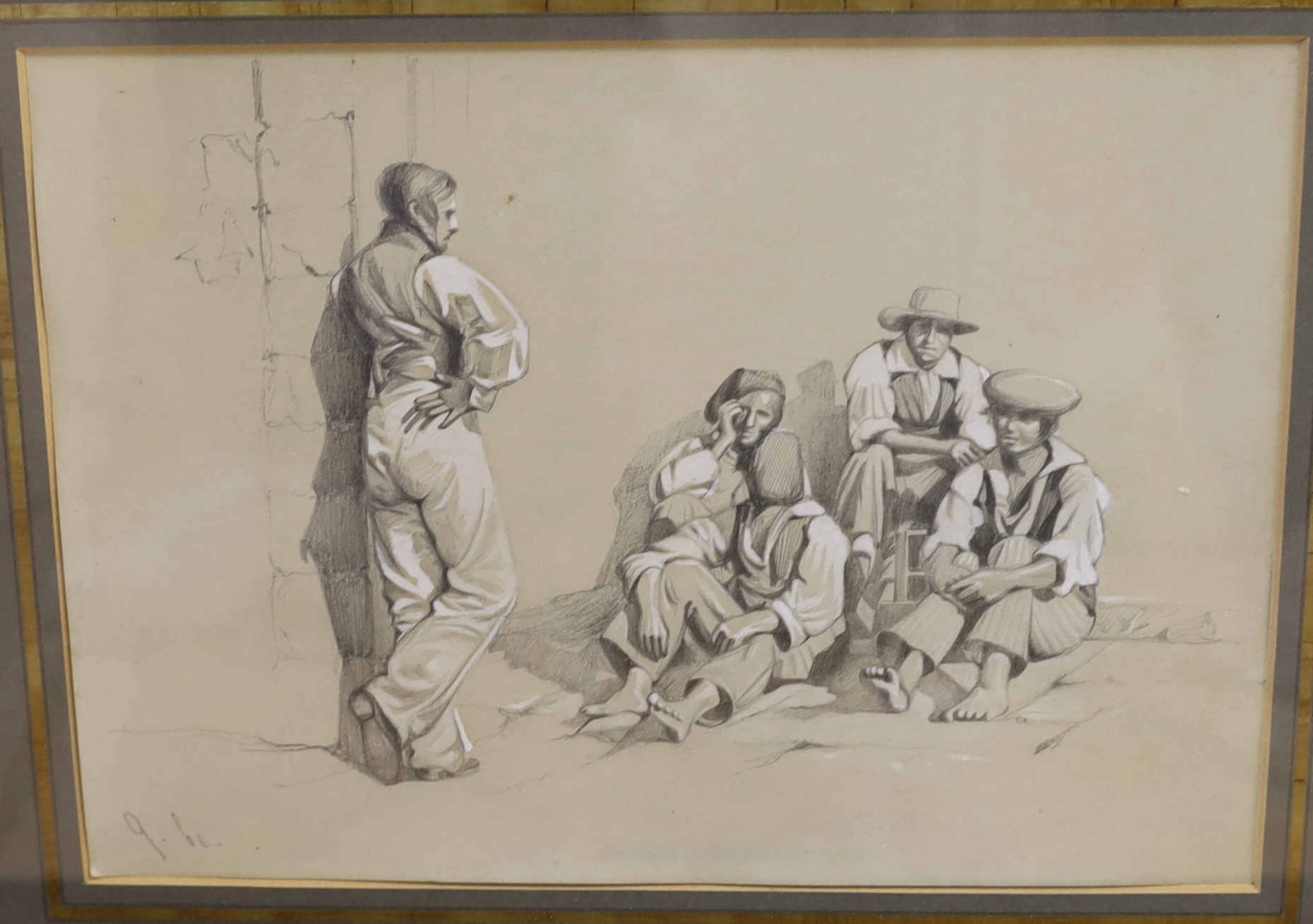 19th Century Neapolitan School, set of seven heightened pencil drawings, Italian and North African figures, largest 24cm x 17cm